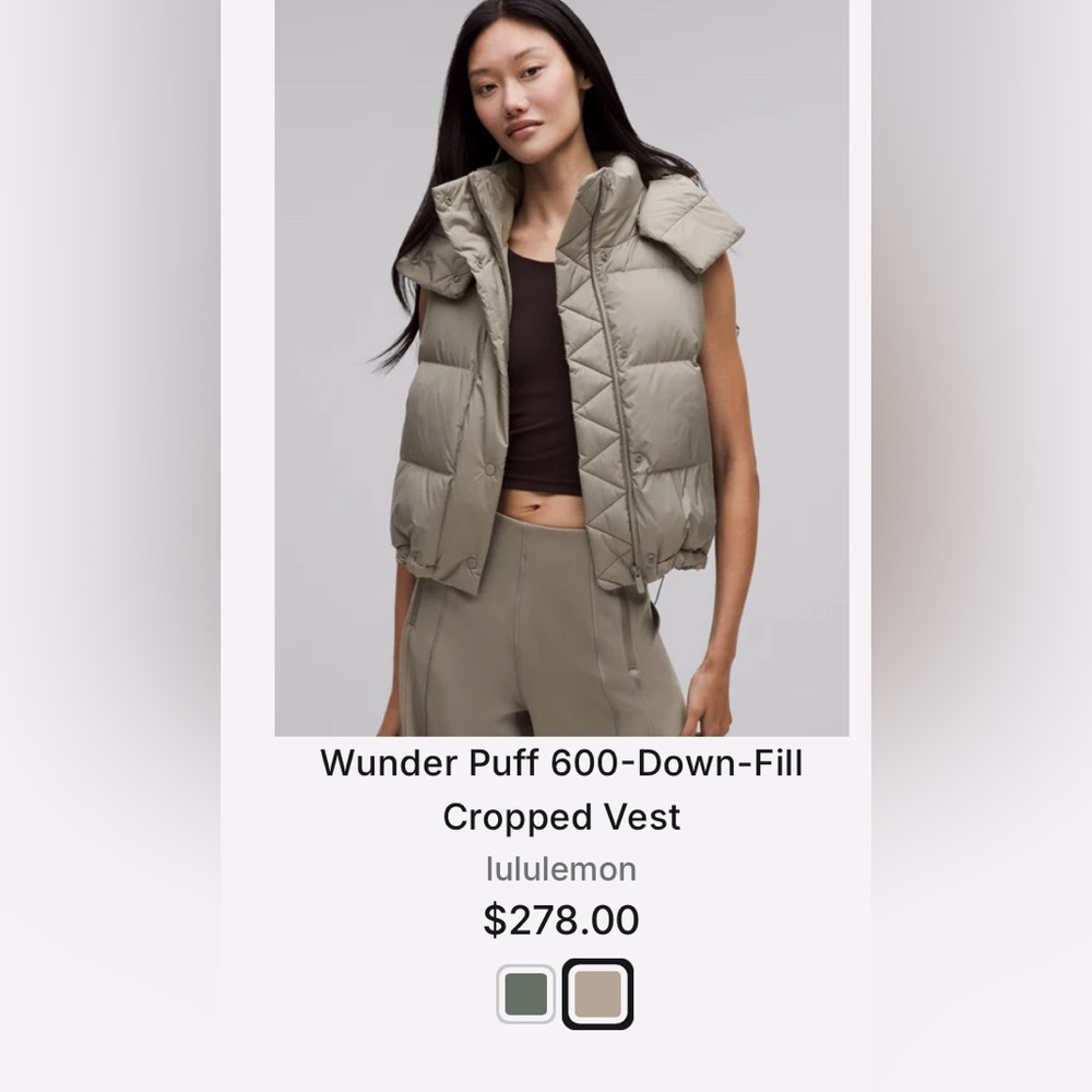Lululemon Peloton Warm Ash Grey Wunder Puff 600-Down-Fill Cropped Vest Sz 10